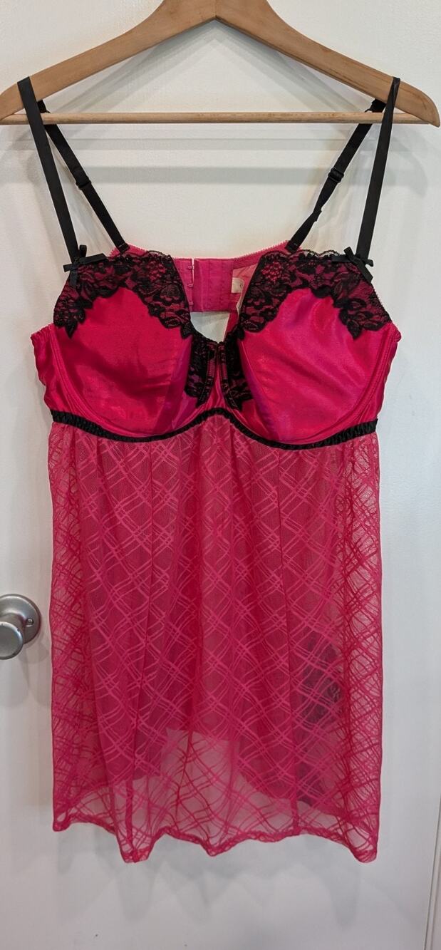 Cacique Pink Black Lace Silk Blend Babydoll Chemise Lingerie 22/24 Dark Coquette